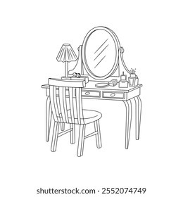 A black and white line art illustration of a dressing table on a coloring page 