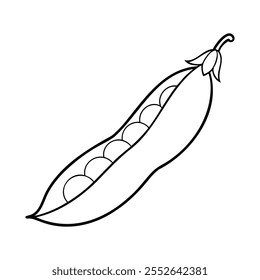 Black and white line art illustration of an open pea pod with peas inside