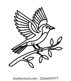 Black and white line art illustration of a bird in flight, perched on a branch.