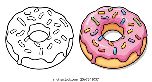 Black and white line art illustration of a donut. Perfect as a coloring page for both adults and kids. Ideal for use in food and snacks coloring books.