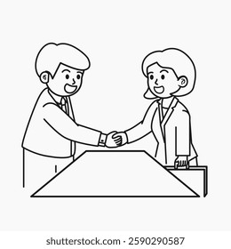 Black and white line art illustration of a businessman and businesswoman shaking hands, symbolizing agreement, partnership, and professional collaboration.