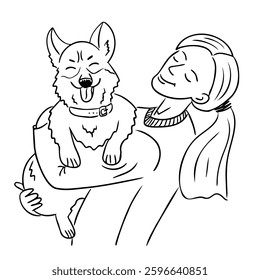 Black and white line art illustration of a happy woman holding her cheerful dog, both enjoying a moment of joy and companionship. Vector hand drawn illustration isolated on white background
