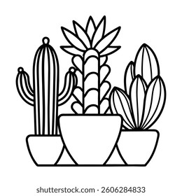 Black and White Line Art Illustration of Three Potted Plants