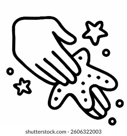 Black and white line art illustration of a hand gently holding a starfish, surrounded by small sea elements.