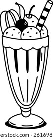 Black and white line art illustration of various drinks and a fruits