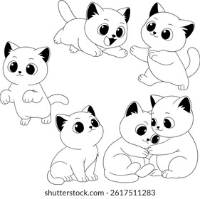 Black and white line art illustration set of adorable cats in various playful poses. This coloring book template features kittens