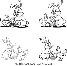 a black and white line art illustration Chicken and rabbit.