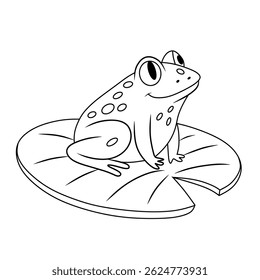 Black and white line art illustration of a cute frog sitting on a lily pad. Perfect for coloring pages, educational materials, and nature-themed designs.