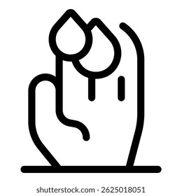 Black and white line art illustration of a hand holding two drops of water, symbolizing water conservation