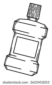 Black and white line art illustration of a mouthwash bottle. Minimalist sketch-style drawing for dental care, oral hygiene, healthcare, and pharmacy-related concepts. Ideal for educational materials