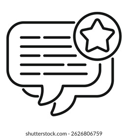 Black and white line art illustration of a speech bubble with text lines and a star