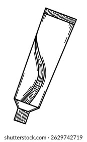 Black and white line art illustration of a toothpaste tube. The tube is angled slightly, with detailed line work on the cap and body, giving it a hand-drawn, stylized look. Ideal for hygiene-related 