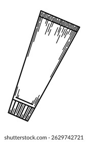 Black and white line art illustration of a toothpaste tube. The tube is angled slightly, with detailed line work on the cap and body, giving it a hand-drawn, stylized look. Ideal for hygiene-related 