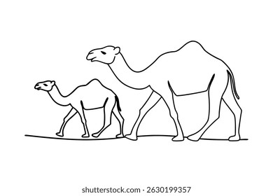Ilustração de arte em linha preta e branca de dois camelos caminhando juntos em terreno deserto