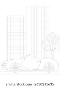 Ilustração em preto e branco de um carro esportivo conversível de luxo estacionado em frente a edifícios modernos de arranha-céus e uma árvore.