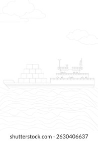 Black and white line art illustration of a cargo container ship sailing in the ocean with waves, clouds, and stacked containers. 