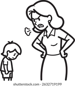 A black and white line art illustration of an angry woman scolding a sad, small child.