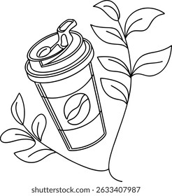 Black and white line art illustration of a coffee cup with leafy branches.