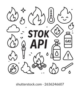 Black and white line art illustration featuring various fire-related icons including flames, a torch, a gas cylinder, a fire extinguisher, and warning symbols.