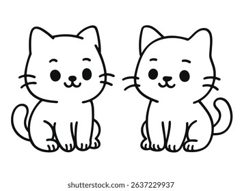 Black and white line art illustration of two adorable kawaii-style kittens sitting side by side with cute smiles and round eyes.