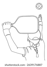 Black and white line art illustration of girl serving pickleball. Perfect for coloring pages, sports education materials, or pickleball-themed designs.