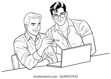 Black and white line art illustration depicts two smiling men collaborating on a laptop. One man points to the screen, suggesting discussion or instruction, while the other listens attentively.