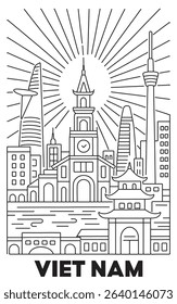 Black and White Line Art Illustration of Vietnam Cityscape with Landmarks