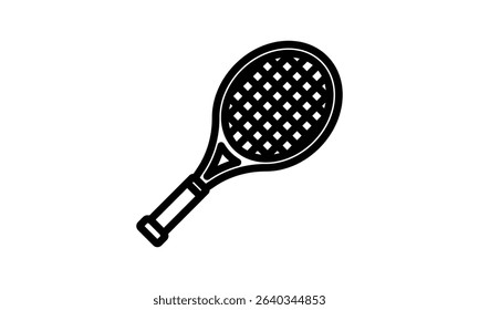 Black and white line art illustration of a tennis racket. Suitable for sports related designs.