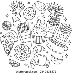 A black and white line art illustration of junk food favorites. This hand-drawn design includes pizza, fries, donuts, a cupcake, and croissants arranged in a fun circular pattern.