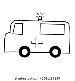 Black and white line art illustration of an ambulance vehicle with a medical cross and emergency siren. Ideal for kids’ coloring pages, healthcare education materials, emergency services designs.
