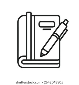 Black and white line art illustration of a closed notebook with a pen resting on it simple design minimalist style notebook icon stationery supplies writing tool office supplies