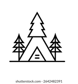 Black and White Line Art Illustration of a Teepee Tent between Two Stylized Pine Trees Simple Geometric Camping Scene Minimalist Nature Icon