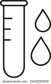 Uma ilustração em preto e branco mostra um tubo de ensaio com marcas e duas gotas líquidas, ideal para temas científicos.