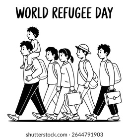 Black and white line art illustration depicting a group of people walking carrying bags a child sits on one persons shoulders
