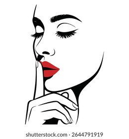 Ilustração em preto e branco do perfil do rosto de uma mulher com lábios vermelhos e um dedo nos lábios sugerindo silêncio