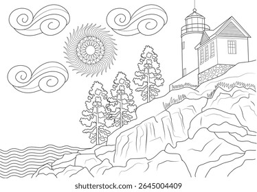 Black and white line art illustration of a lighthouse perched on a rocky cliff overlooking the ocean with stylized sun, clouds, and pine trees, perfect for coloring books and coastal theme design.
