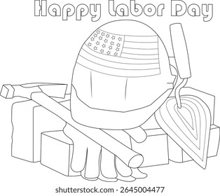 Black and white line art illustration for Happy Labor Day featuring essential construction tools like a hard hat with American flag pattern, hammer, trowel, and bricks.