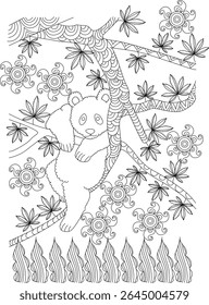 Ilustração em preto e branco de um urso panda preguiçoso descansando em um galho de árvore com folhas decorativas e padrões, perfeito para colorir livros, relaxamento ou projetos de design.