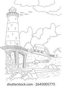 Black and white line art illustration of a lighthouse landscape, suitable for coloring books, featuring a lighthouse, houses, and coastal scene.