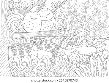 Black and white line art illustration of two cute love birds owls perched on a branch above grazing antelopes and whimsical stylized foliage and swirling patterns, perfect for adult coloring books