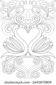 Black and white line art illustration of two love birds forming a heart shape, surrounded by decorative hearts and swirls, perfect for coloring pages, Valentine's Day, or romantic themes.