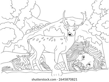Black and white line art illustration featuring a majestic spotted deer standing protectively over a peacefully resting lion in a serene natural landscape with trees, mountains, and the sun.