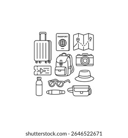 A black and white line art illustration of various essential travel items including luggage, passport, map, backpack, camera, and more. Perfect for travel themes and infographics.
