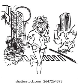 Black and white line art illustration of a woman running through a chaotic urban scene with burning buildings and destruction. Hand-drawn sketch in comic or graphic novel style