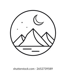 A black and white line art illustration depicts a mountain range under a crescent moon and stars within a circular frame. The composition is simple and minimal, with clean lines and a serene mood.  