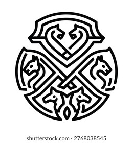 A black and white line art illustration showcasing a circular design with intricate knotwork and multiple stylized horse heads. The horses are integrated into a complex, symmetrical pattern, forming an elegant emblem.
