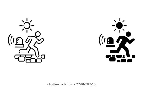 Black and white line art illustration of a person running in contrasting sunny and snowy weather conditions.
