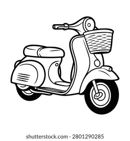 Black and White Line Art Illustration of a Vintage Scooter