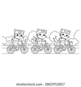 A black and white line art illustration featuring three adorable cartoon cats riding bicycles in a row through a park. Each cat is wearing a safety helmet and a backpack, and they are cycling along a path lined with trees and bushes. This coloring page design is perfect for children's activities, promoting outdoor exercise and safety.