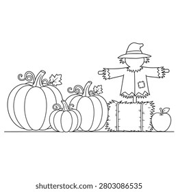A black and white line art illustration featuring a cute scarecrow standing on a hay bale next to pumpkins and an apple, perfect for a coloring page.